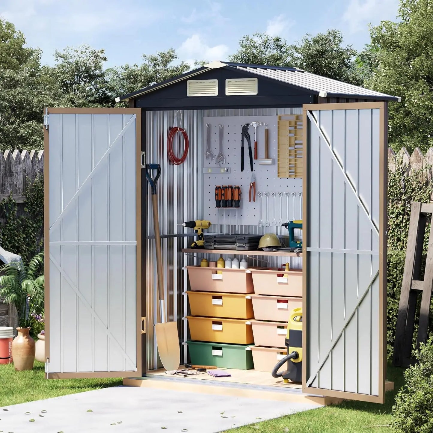 5x3 FT Outdoor Metal Storage Shed, Double Door, 1 Clear Window, Tool Shed for Garden, Patio, Backyard Brown, Customized