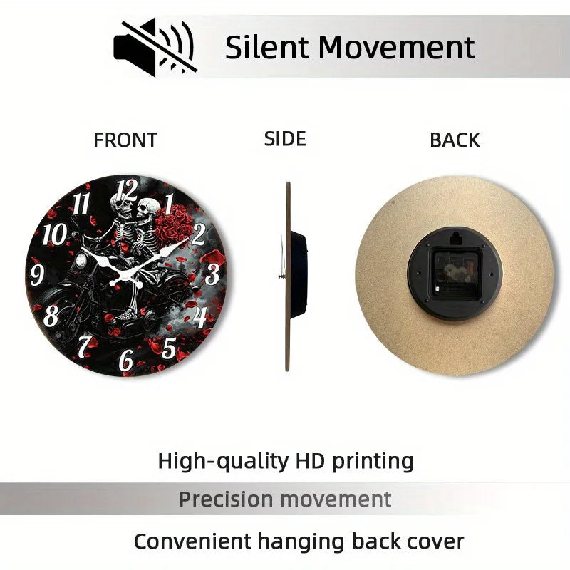 () 1pc Silent Wall Clock Non-Ticking Wooden, Decorative Circular Clock Gothic Motorcycle Skeletons with Roses Design for Bedroom