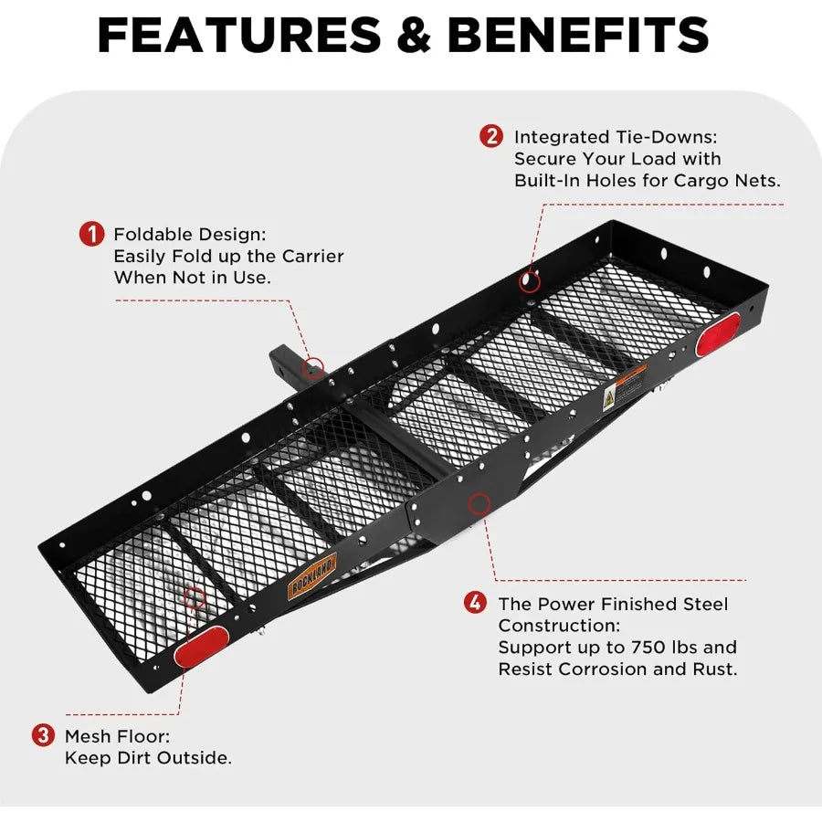 Steel Foldable Cargo Carrier with Reflectors 750 LBS Capacity 60 x 20 x 2.5 Hitch Mount for 2 Receivers Compatible with Class I