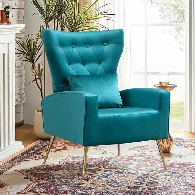 Velvet Accent Arm Chair, Mid-Century Modern Living Room Chair, Wingback Bedroom Side Chair with Gold Legs & Pillow，Customized