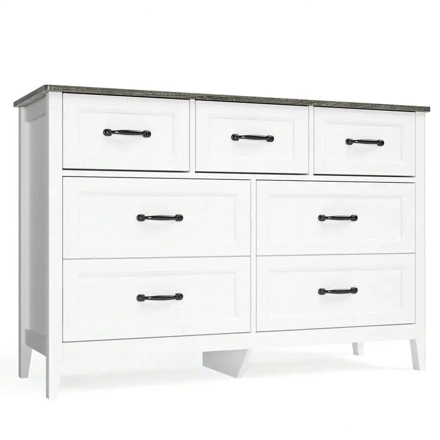 Asofer White Dresser For Bedroom With 7 Drawers, 47" W Chests Of Drawers With Metal Handles, Wood TV StandWith   Anti-Dumping Design And Slide Rails For Living Room, Hallway, Entryway