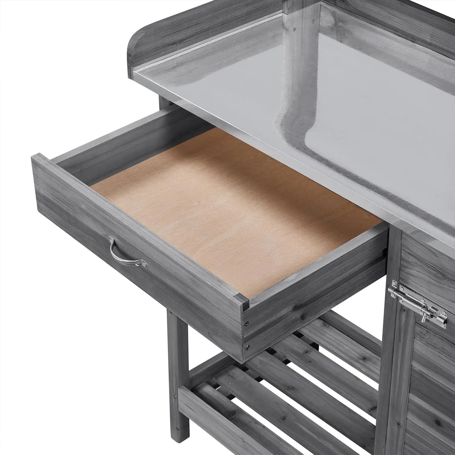 Outdoor Garden Workbench, Garden Worktable with Metal Tabletop, Cabinet Drawers, Open Countertop, Customizable