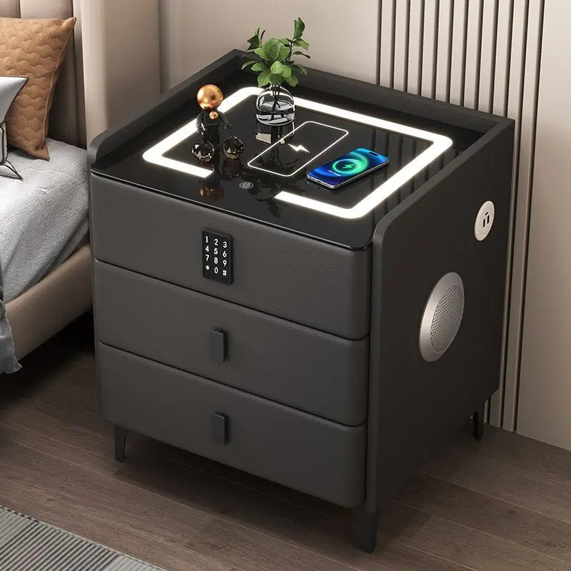 Smart Multifunctional Bedside Table with Wireless ChargerTouch Control 3-Color LEDLightModern Nightstand with Solid Wood