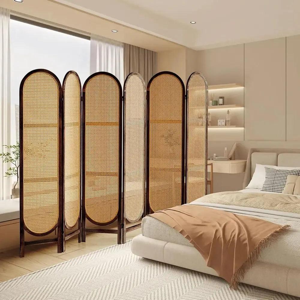 6-Panel Rattan Room Divider, Hand-Woven Privacy Screen, Wood Partition for Home or Office, Brown