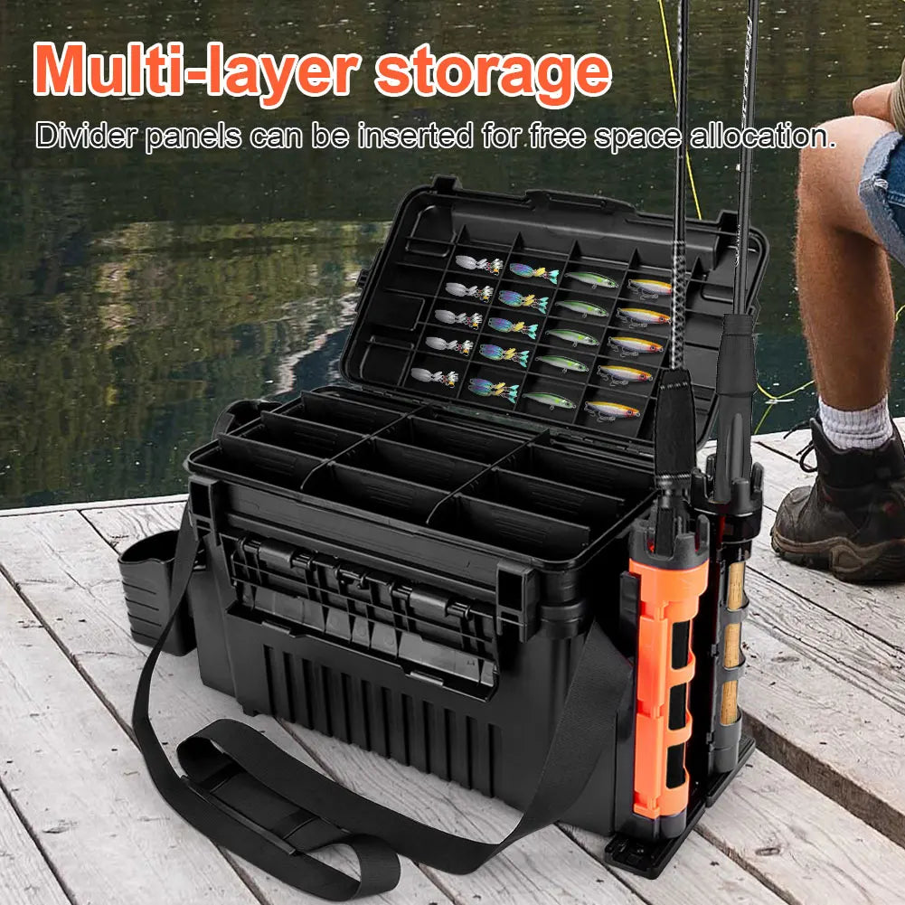 2 Tier Fishing Tackle Box Fishing Gear Box with Cup & Rod Holder Fishing Tackle Storage Box Fishing Tool Box Fishing Accessories