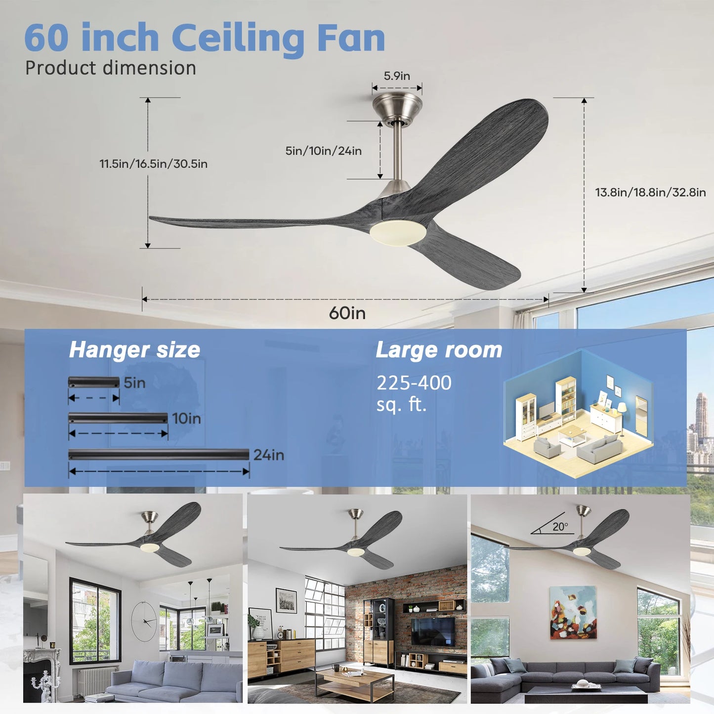 52/60/70-inch Ceiling Fan with Light and Remote 3 Wood Blades High CFM Dimmable LED Noiseless Reversible DC Fans for Bedroom