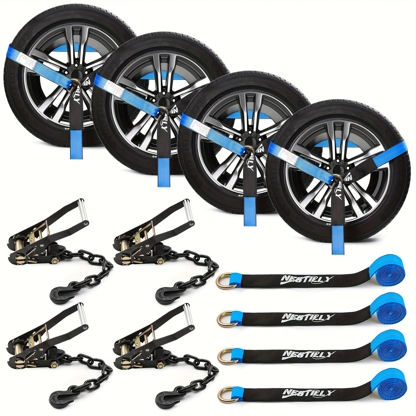 4 Pack Reflective Car Tie Down Straps For Trailers - Tire Ratchet Strap With Chain Anchors - 2" X 8' 9900LBS Break Strength - Lasso Style Wheel Straps For Hauling UTV, SUV, Truck