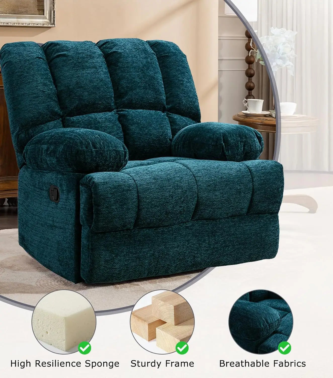 Oversized Rocker Recliner Chair Manual Soft Big Man 350 LBS Living Room Teal, Customized