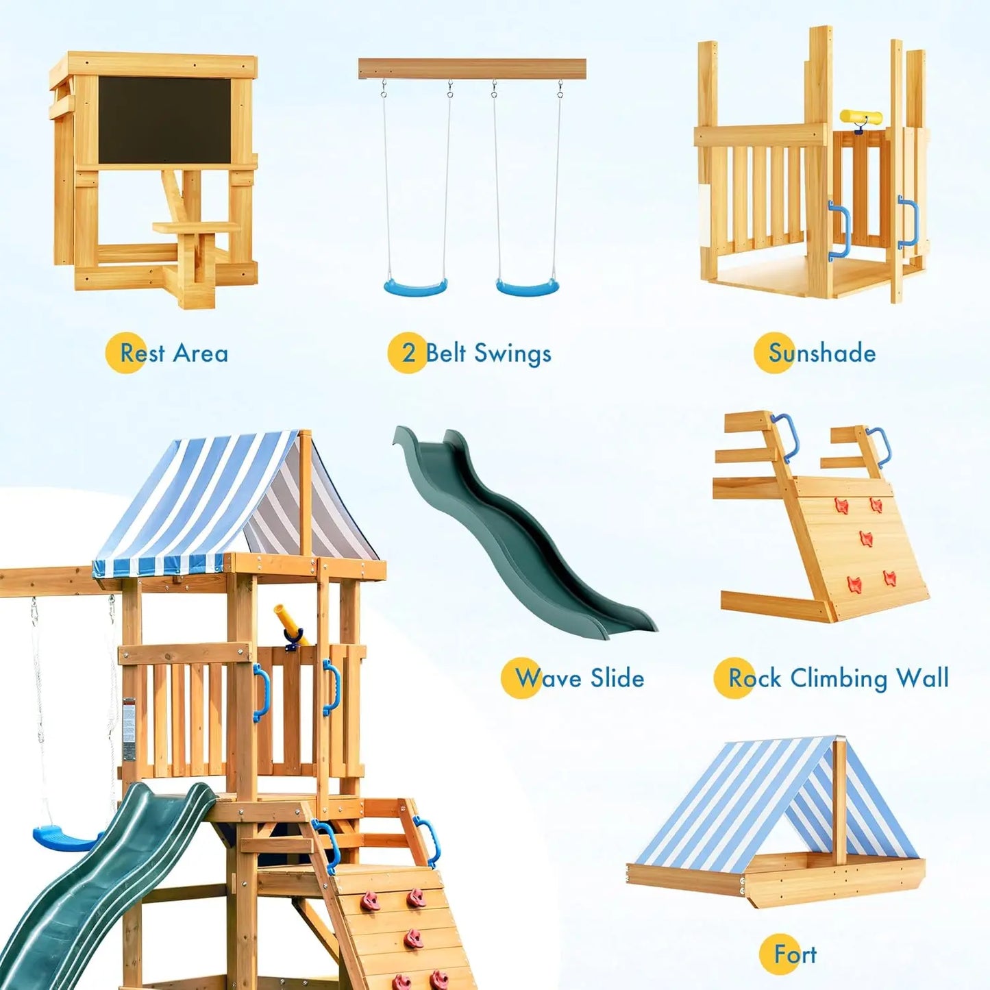Robud Wooden Swing Set With Dual Swings Slide Fort