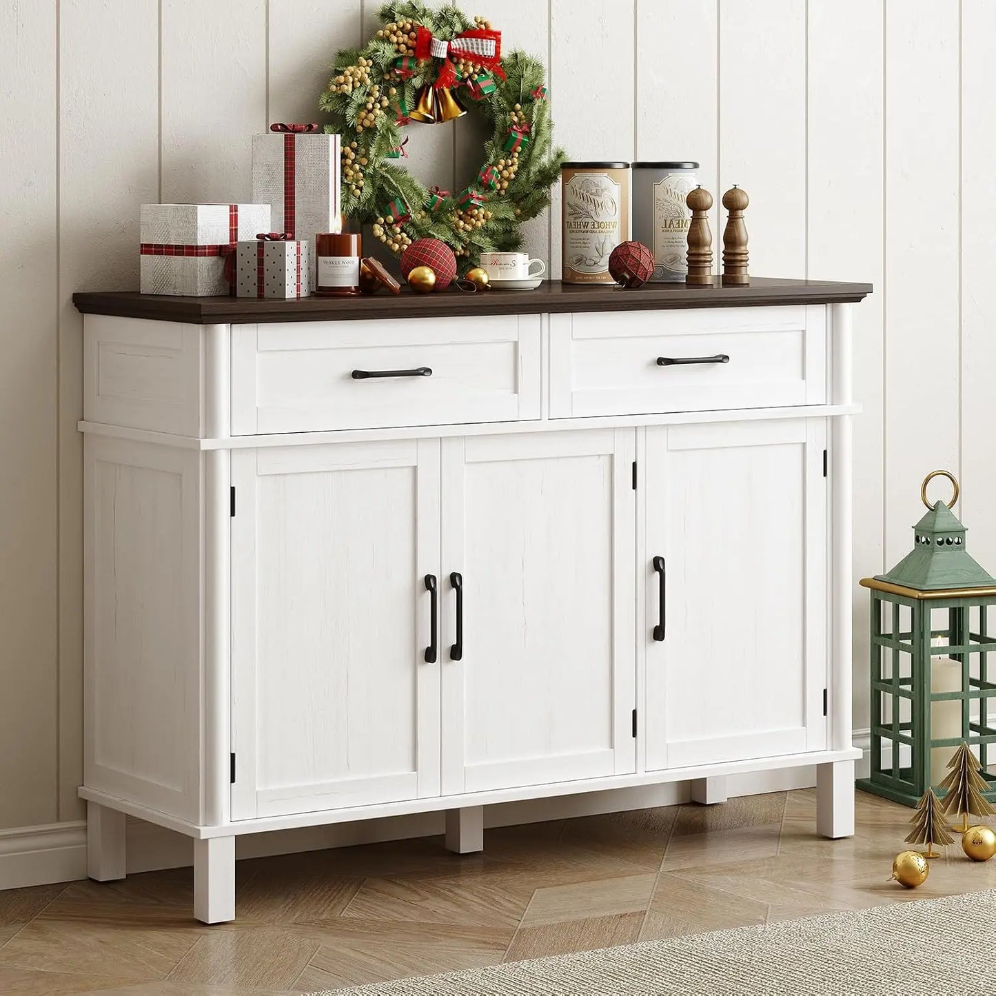 48 Inch Farmhouse Buffet Cabinet with 3 Doors & 2 Drawers, Wood Coffee Bar Storage Cabinet Adjustable Shelves for Kitchen Living Room
