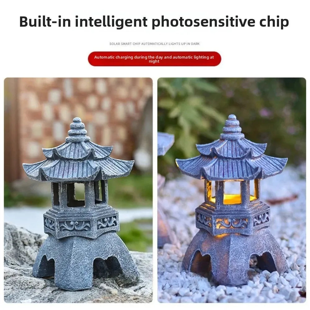 Solar Powered Lamp Garden Accessories Oriental Stone Pagoda Sculpture Zen Palace Lantern Outdoor Light Garden Ornament