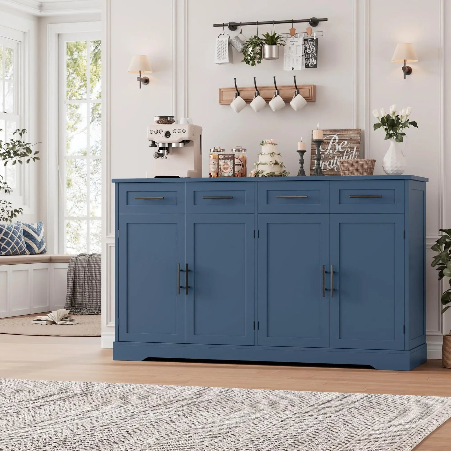 HOSTACK 60" Large Buffet Sideboard with Storage, 36" Tall Kitchen Buffet Storage Cabinet with 4 Drawers, Modern Coffee Bar