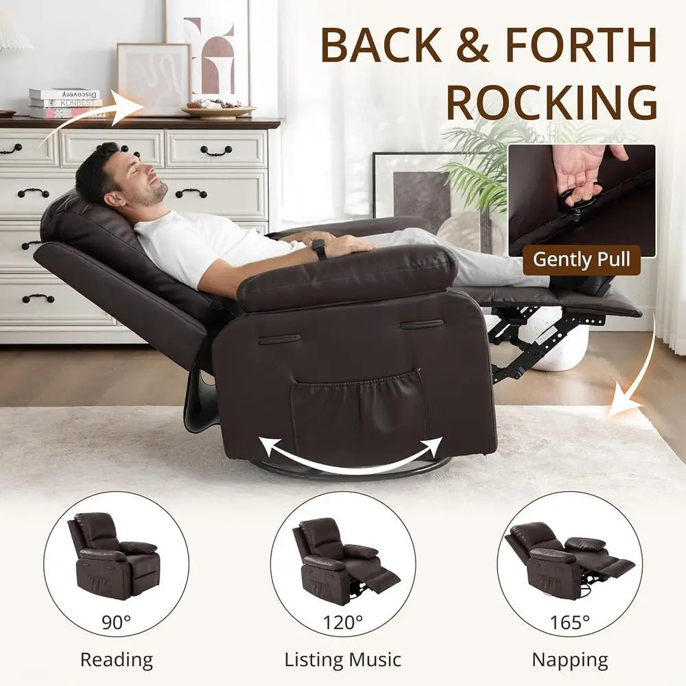 Overstuffed Leather Recliner With 360 Swivel And Pockets