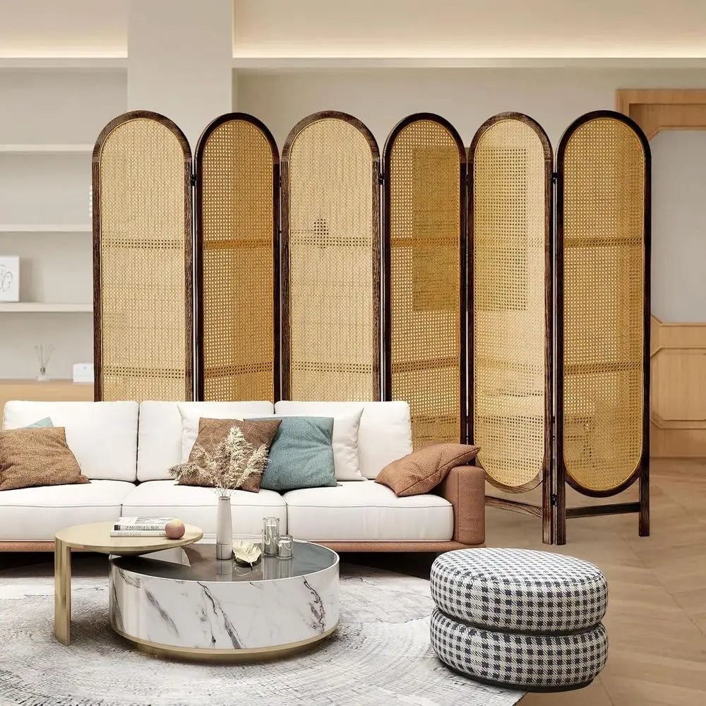 6-Panel Rattan Room Divider, Hand-Woven Privacy Screen, Wood Partition for Home or Office, Brown