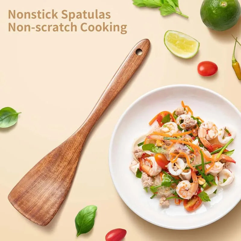 Natural Wood Kitchen Tool Set, 5 Pieces - Includes Spoon, Spatula & Slotted Spoon for Festive Family Meals & Baking