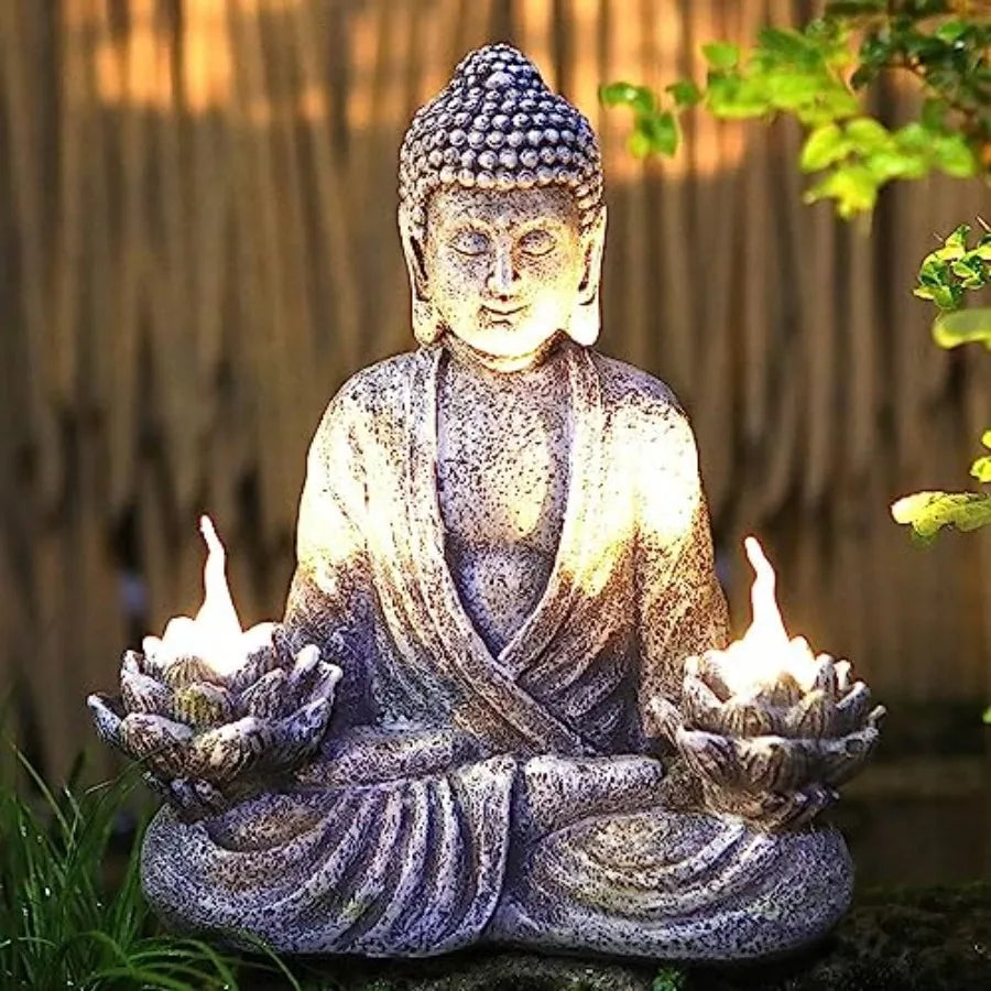 Buddha Statue Zen Sculpture 11.4in Yoga Garden Decor with LED Solar Lotus Lights, Sitting Meditating Buddha Serene Resin Figuri