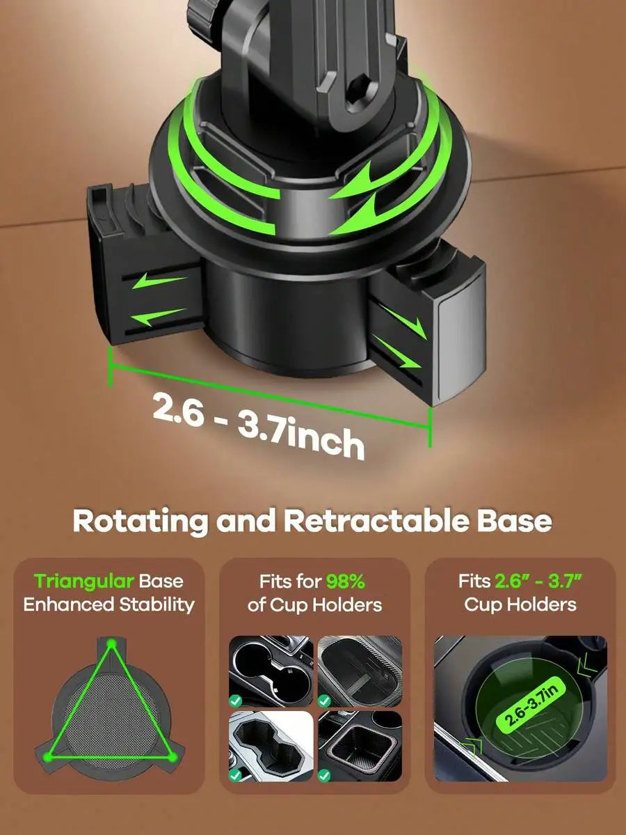 2-In-1 Universal Car Cup Holder Expander With Phone Holder, Adjustable Height And Angle, 360° Rotatable, Non-Slip Design