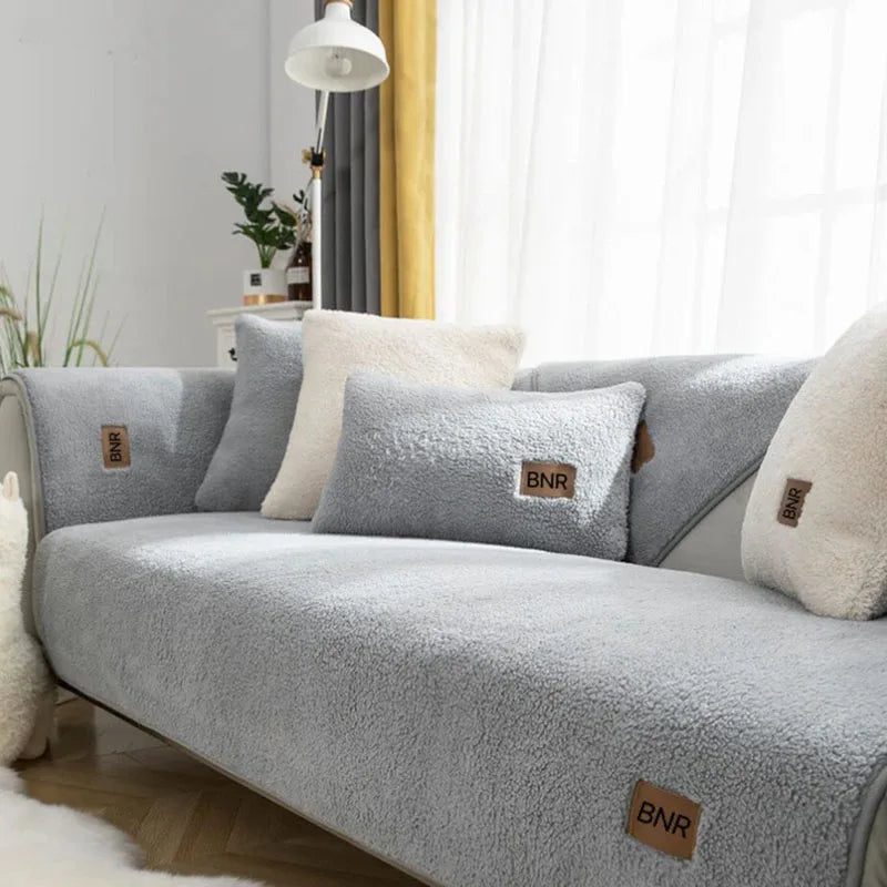 Solid Color Lamb Wool Anti Cat Scratch Sofa Cover Sofa Towel Living Room Anti Slip Dust Cover Warm Cushion Couch Protector