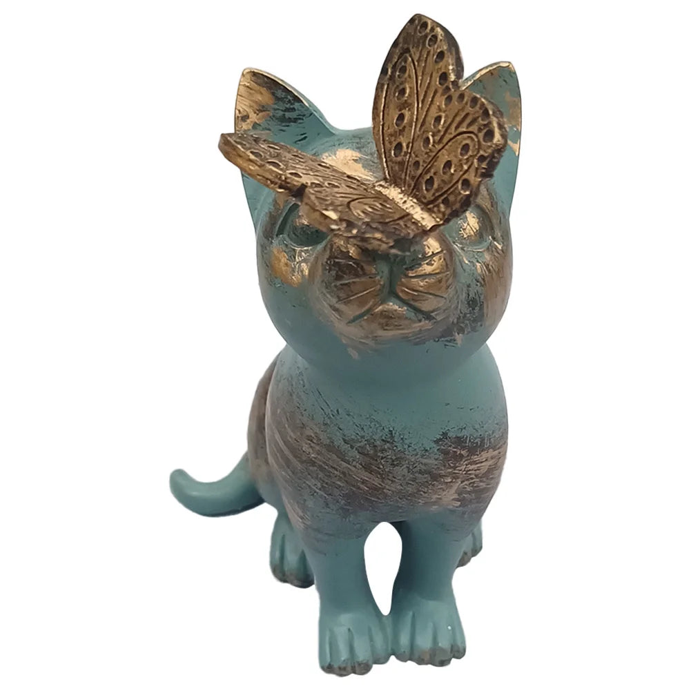 Resin Kitten Statue with Butterfly Ornament Cat Animal Sculpture Handicraft Waterproof Home Decor for Courtyard Lawn