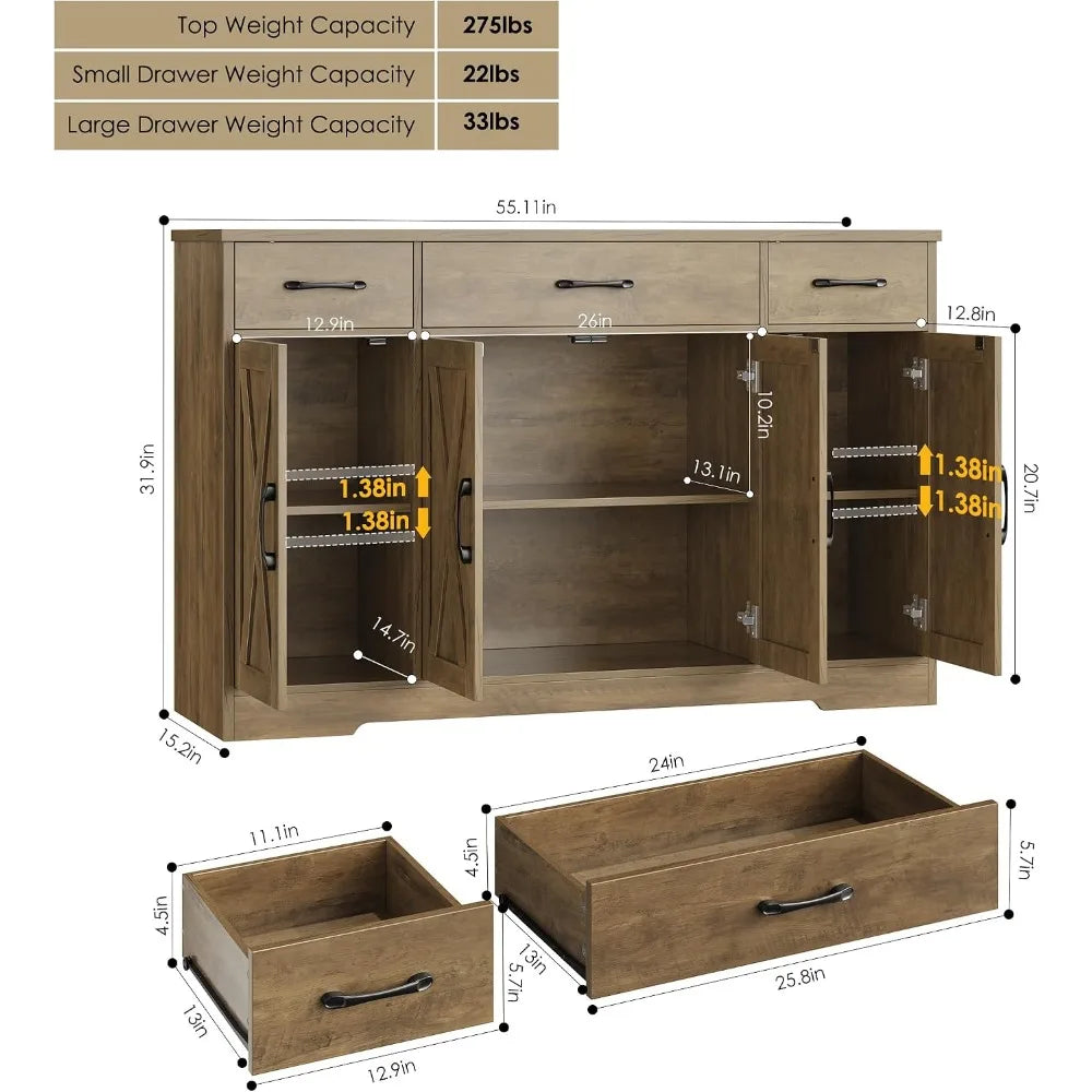 HOSTACK Kitchen Buffet Cabinet with Doors & Drawers, 55"W Farmhouse Sideboard, Adjustable Shelves
