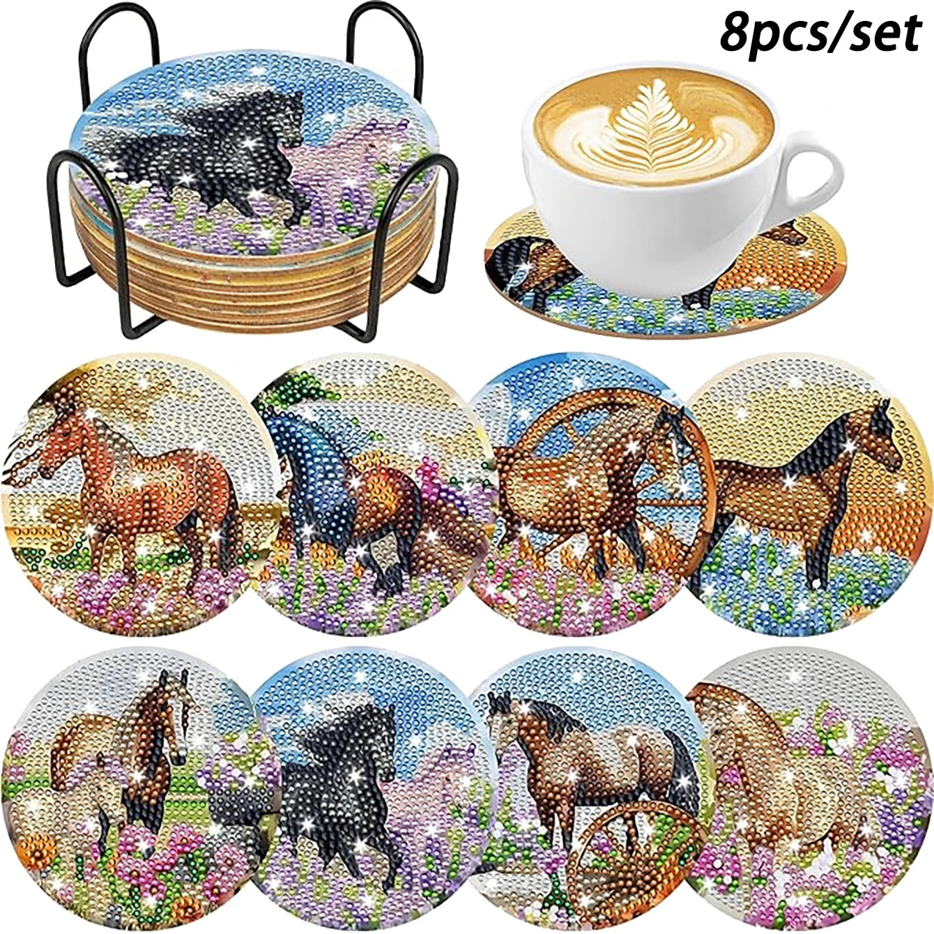 8 pieces/set animal horse pattern diamond painted coaster set with holder DIY coaster beginner coaster, craft supplies gift
