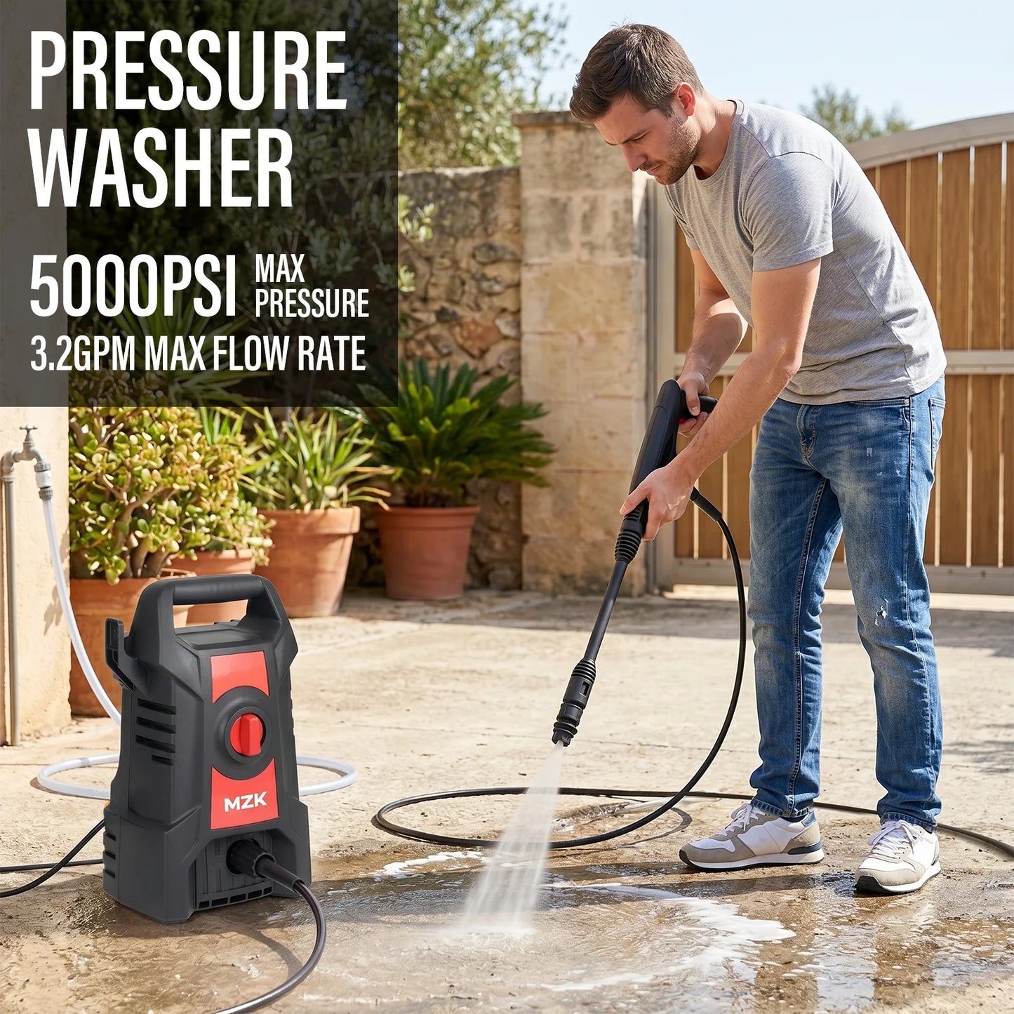 5000PSI Electric Pressure Washer With 17FT Hose Foam Cannon 3.2 GPM Power Washer For Cars, Fences, Patios Metal Construction, US Plug, Ideal For Fence Cleaning Outdoor Use