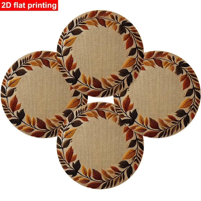 4/6/10pcs Placemat Round 2D Flat Autumn Leaf Wreath Print Table Mat Retro Fall Color Heat Insulation Dining Decor Pad
