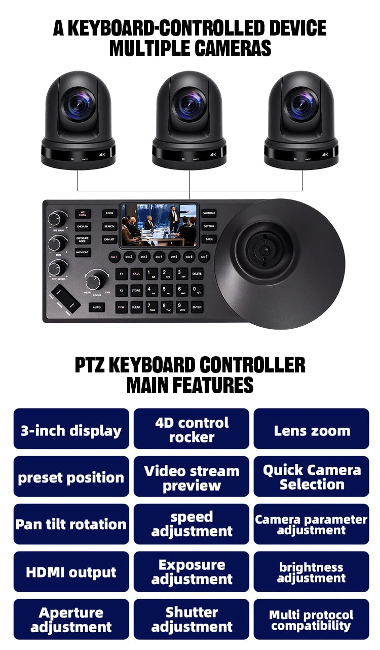 4K NDI PTZ Camera 1-10pcs 20X Zoom Video Conference Camera for Church Business Meeting Optional 1 Controller Keyboard Kit