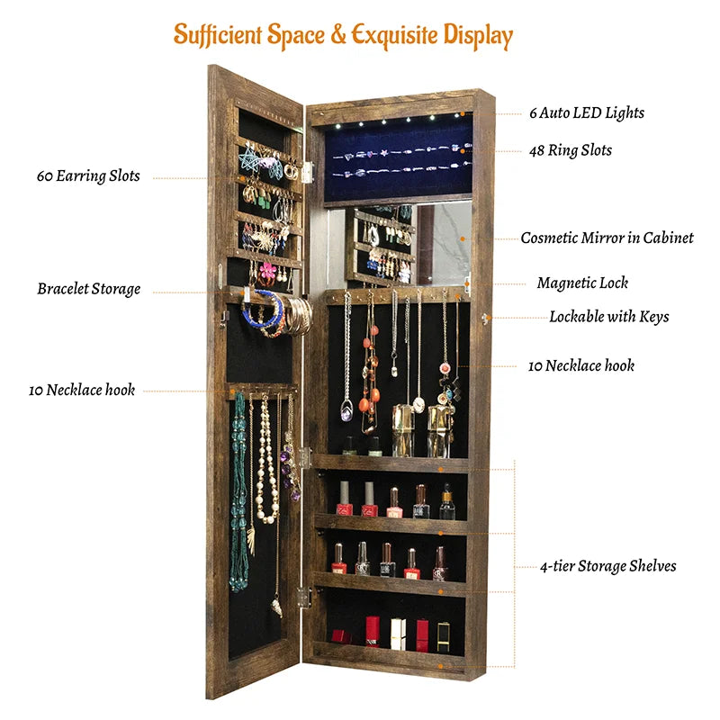 Led Illuminated Jewelry Cabinet With Mirror And Storage