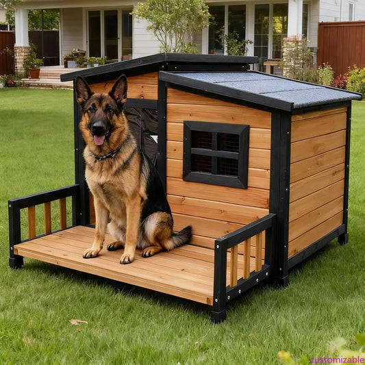 Wooden Insulated Dog House With Elevated Platform Outdoor Shelter