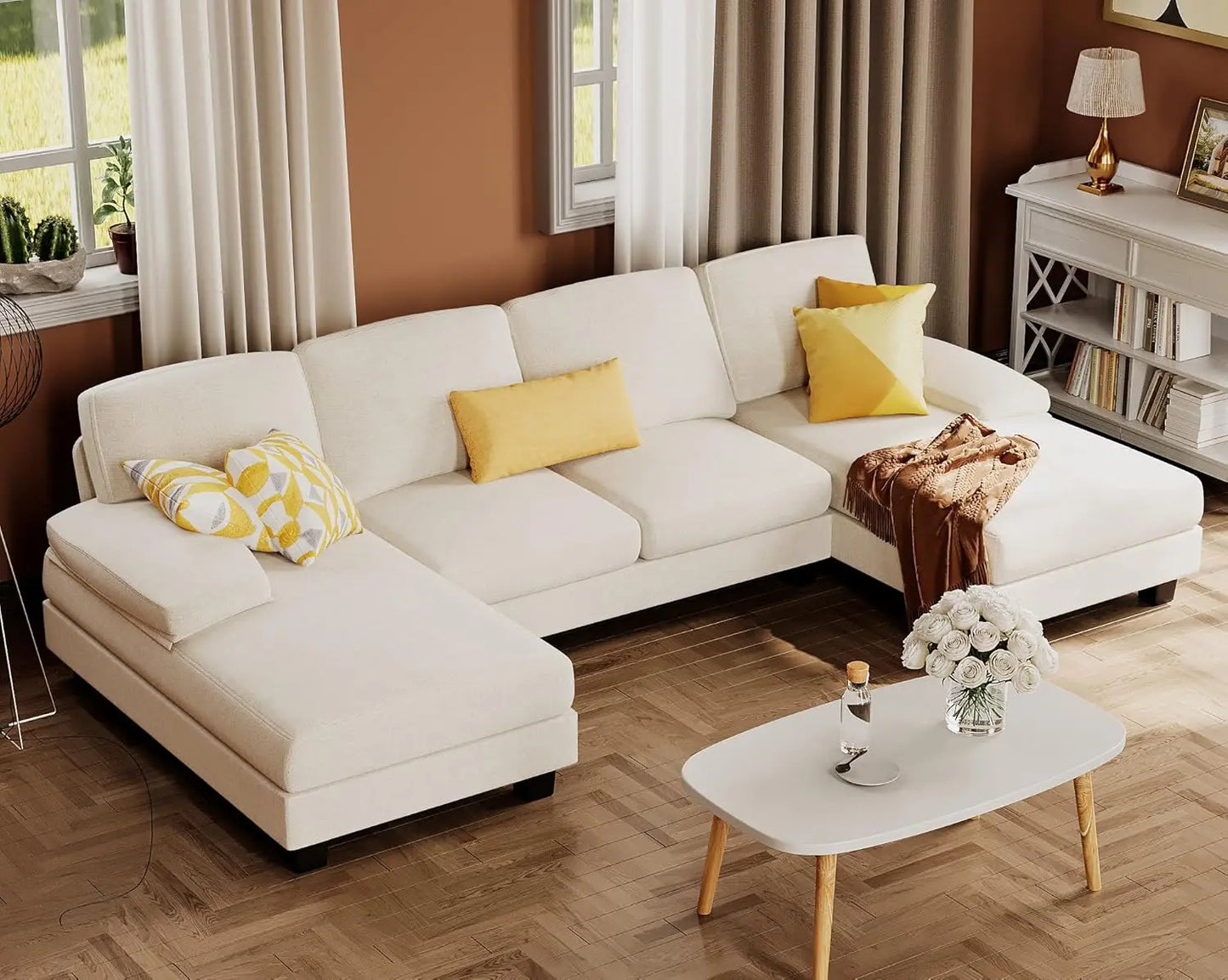 Sectional Couches for Living Room, U-Shaped Sofa Couch with Linen Fabric, 4 Seat Sofa Set with Double Chaise for, Custom