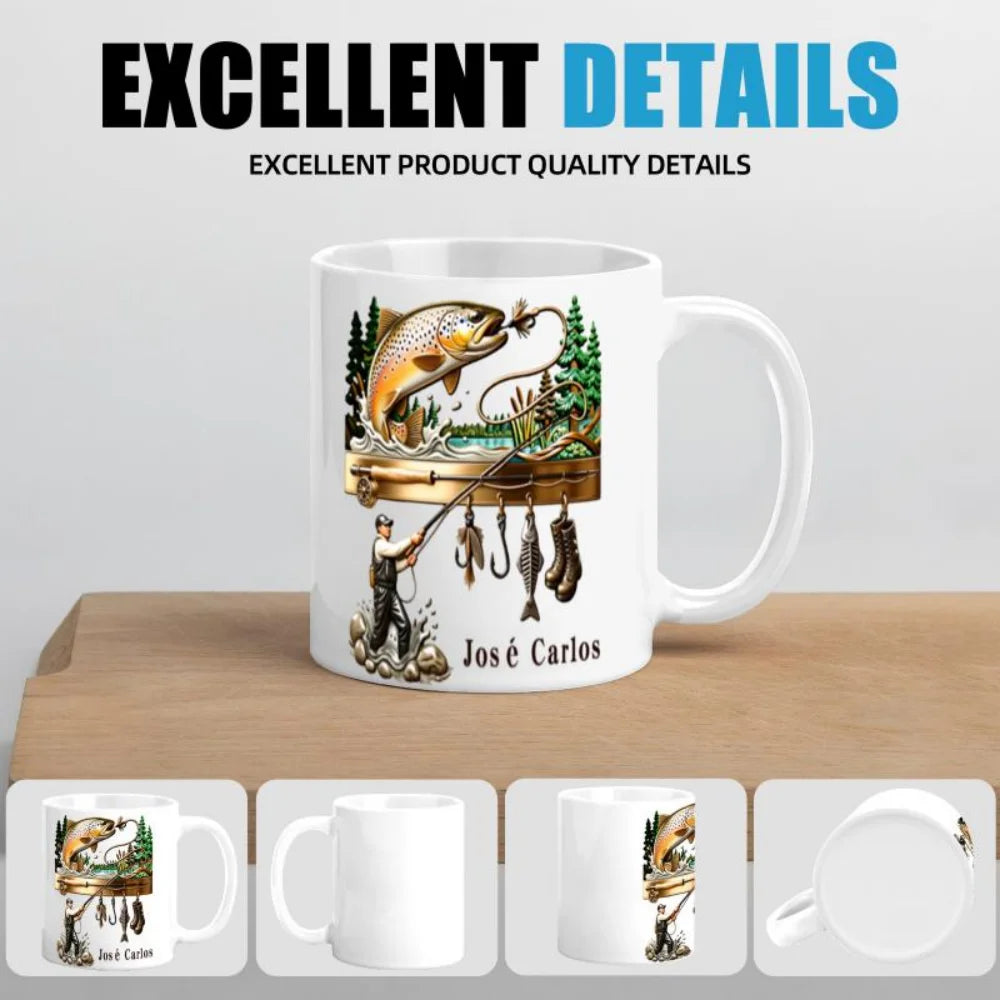 2D print Fishing Lover Gift Mug-Personalized Fishing Cup for Angler,Custom Name Fish Design Ceramic Coffee Mug Birthday Present