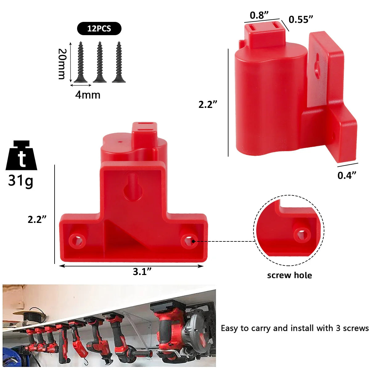 4Pcs Power Tool Holder Plastic Electric Tool Battery Dock Holder Heavy Duty Hanger with Screws for Milwaukee M12 Drill Storage