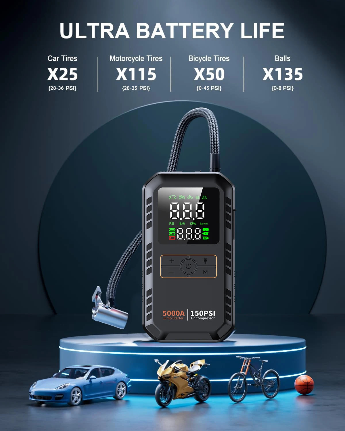 PAIVIROKU 5000A Car Jump Starter with Air Compressor 150PSI Air Pump  Auto Battery Booster Portable Power Bank Tire Inflator