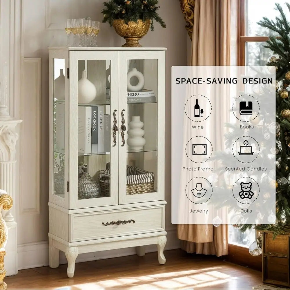 3-Tier Antique White Curio Cabinet with Lighted Glass Shelves and Acrylic Panel