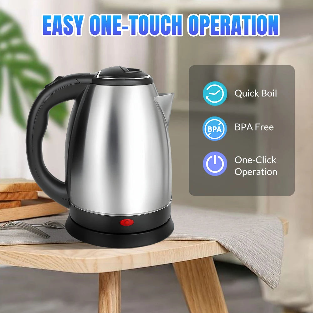 2L Stainless Steel Electric Kettle Fast Boil Water Heater Auto Shut Off Dry Boil Protection 360° Rotating Base BPA Free Household Water Boiler for Home Kitchen