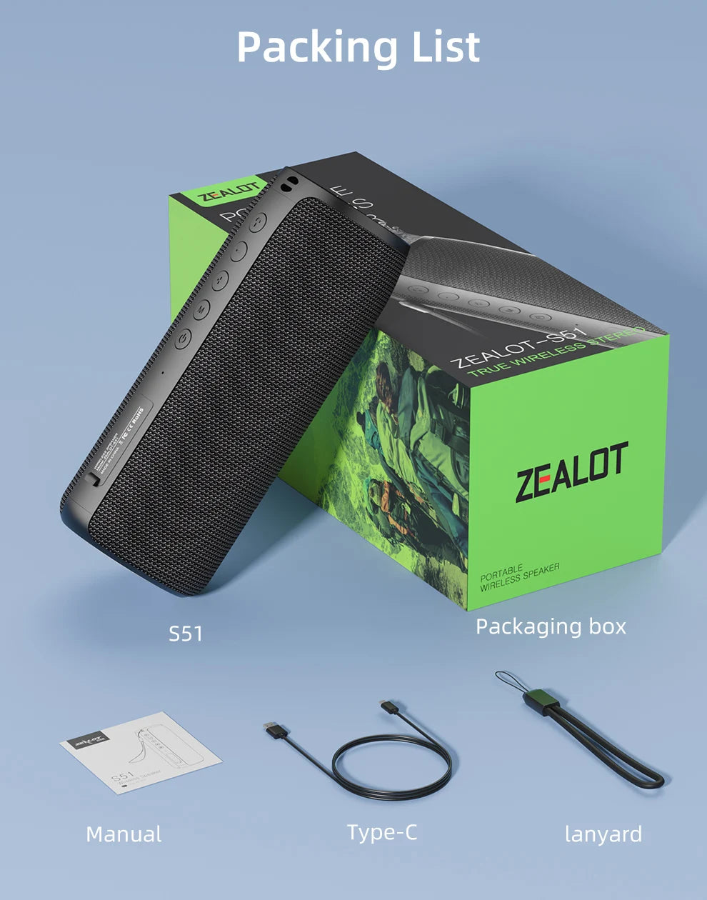 Zealot-S51 Protable Bluetooth Speaker Enhanced Bass Portable Speaker with 12H Playtime,  IPX5 Waterproof for Camping