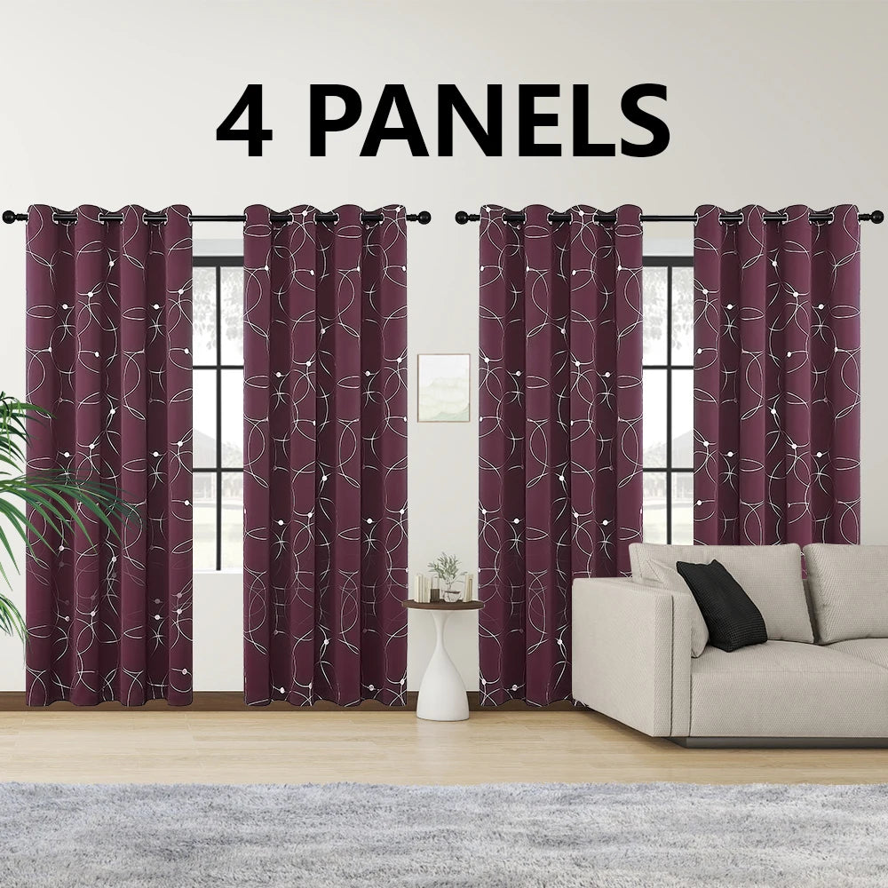 4PCS Blackout Curtains Grommet Thermal Insulated Room Darkening With Circle And Dots Foil Printed
