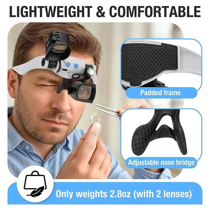 ABUP-Jewelers Magnifying Glass For Close Work, Glasses With Light& 5 Interchangeable Lens Pairs(2X 4X 6X 10X 13X), Includes Head