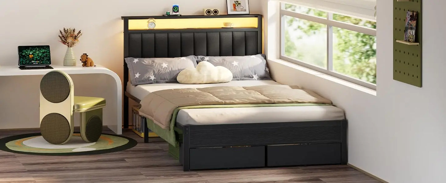 Queen Bed Frame with Charging Station and LED Lights, Grey Upholstered Headboard with Shelves, Metal Platform Bed with 2 Under-Bed Storage (Fabric Drawer on Wheels), No Box Spring Needed
