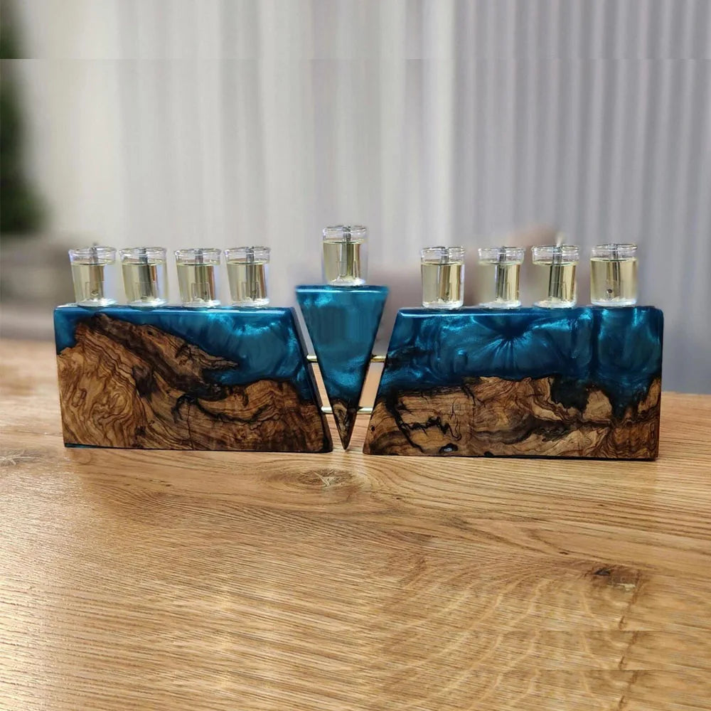 Olive Wood Epoxy Resin Chanukah Menorah Oil Cup Candle Holder Hanukkah Judaica Gift for Religious Celebration Hanukkah Shabbat