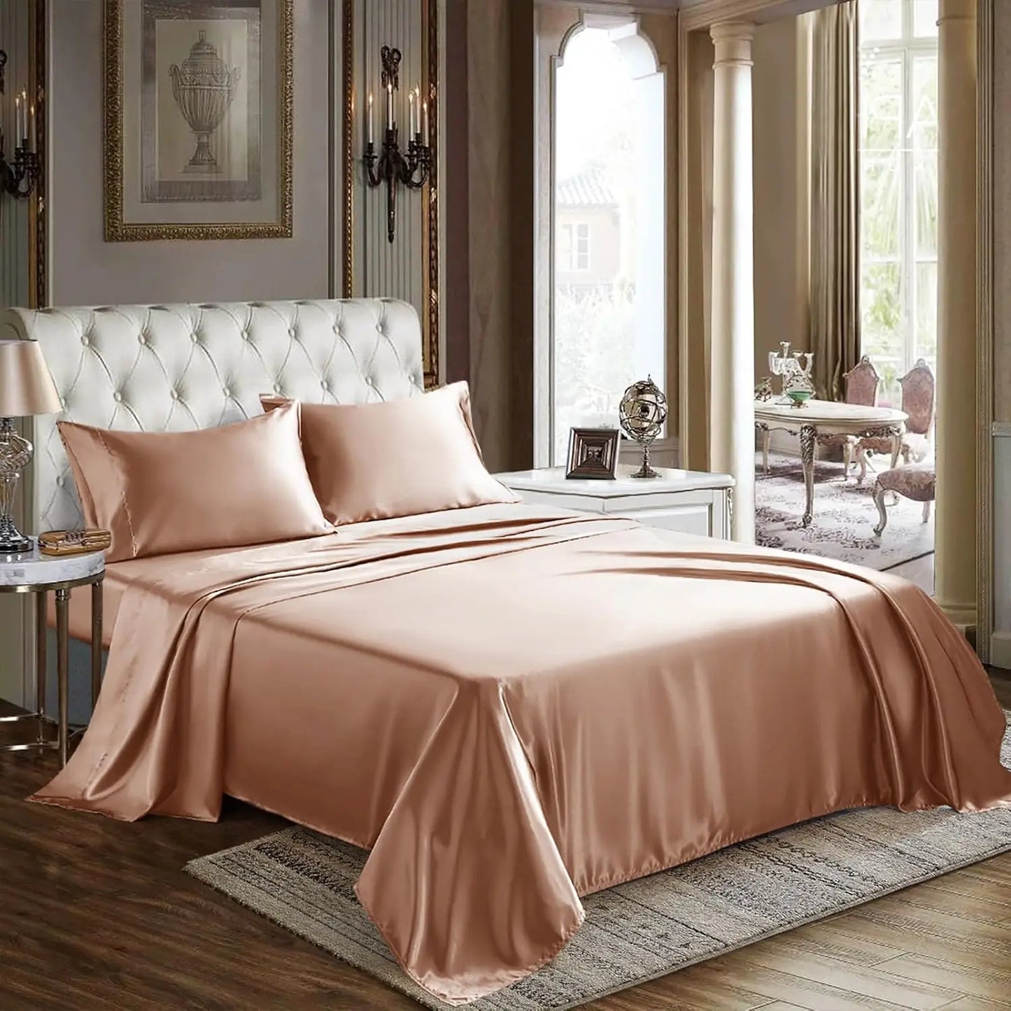 Satin Sheets Queen Size 4 Piece Bed Sheet Set with Silky Deep Pocket Fitted Sheet Flat Sheet and 2 Pillowcases