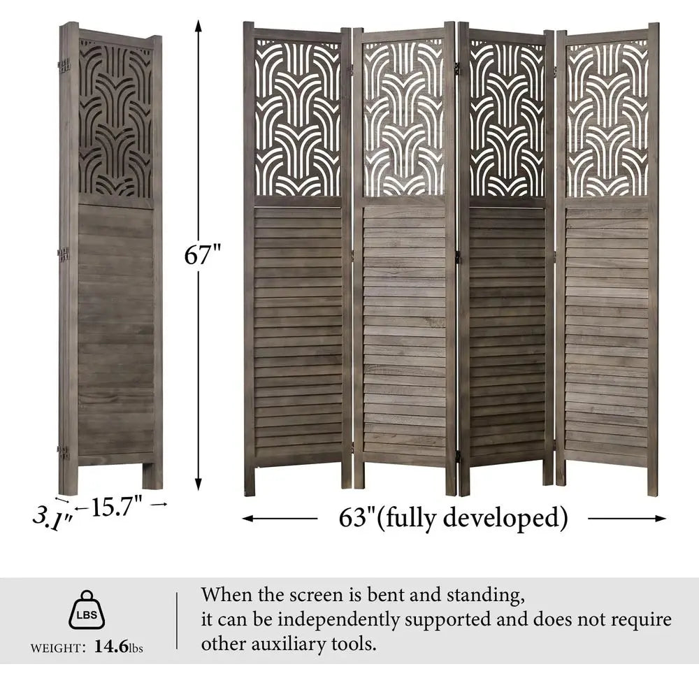 Folding Room Divider, 66.9 Inch 4 Panels Wood Carved Privacy Screens, Free Assembled Freestanding Portable Separation Wall for