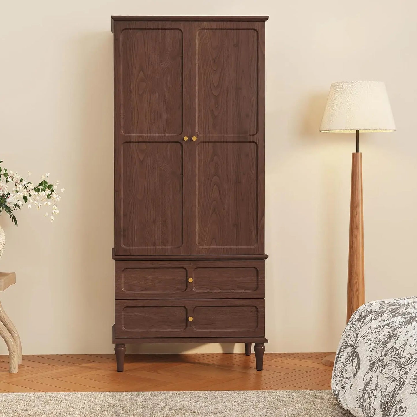 71" Mid-Century Armoire Wardrobe Closet Doors Drawers Wood Hanging Rod Bedroom Large Storage Custom