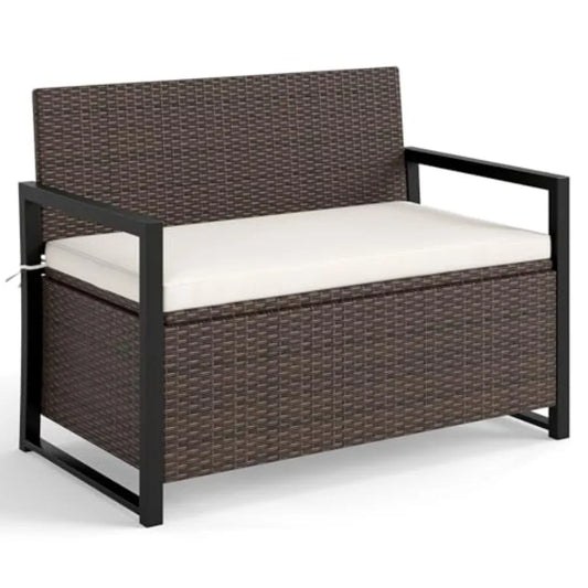 Patio Outdoor Storage Bench With Cushioned Wicker Seat Cover