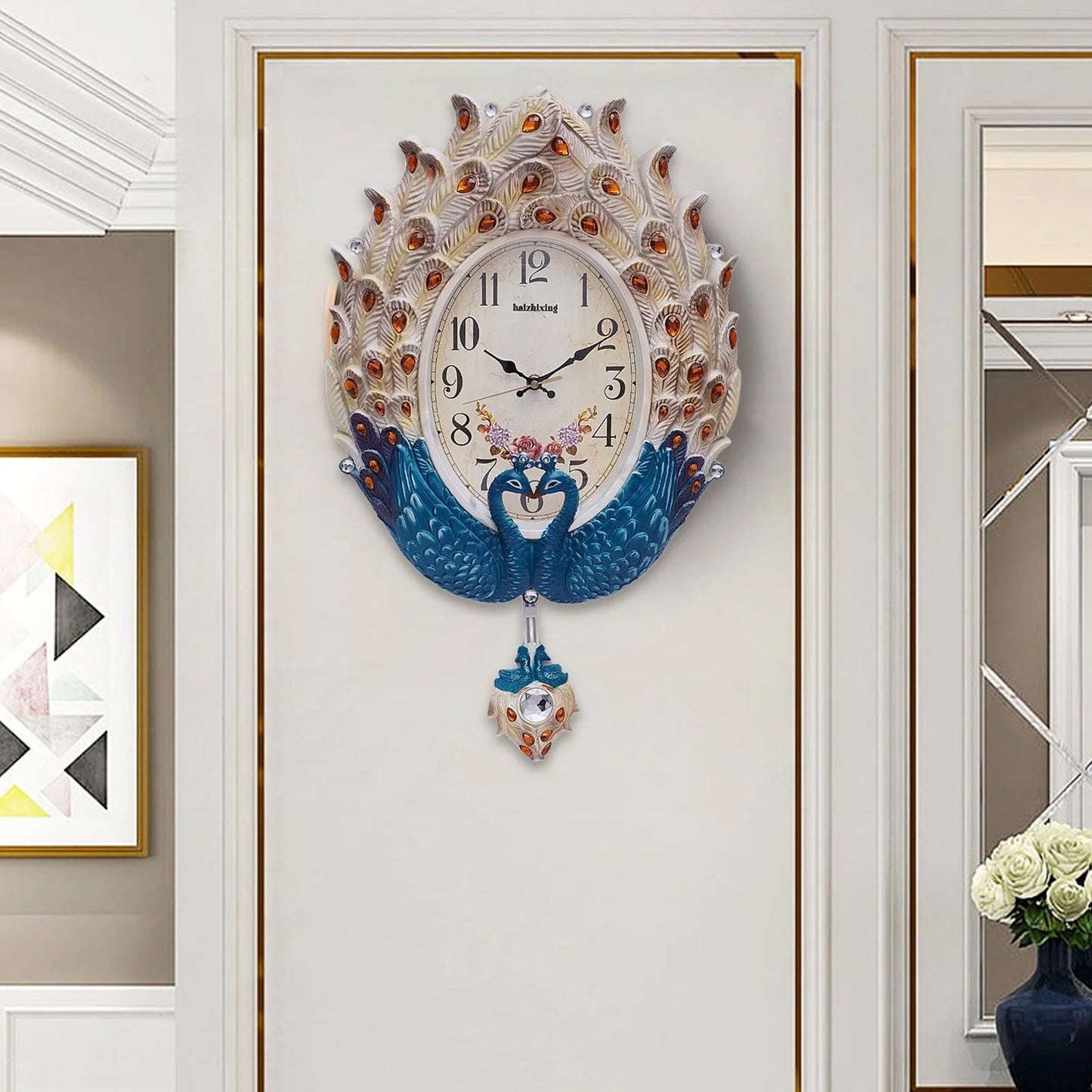 Blue Peacock Wall Clock,Silent Wall-mounted Metal Pendulum Clock 37*60cm with Luxury Crystal for Living Room,Hallways