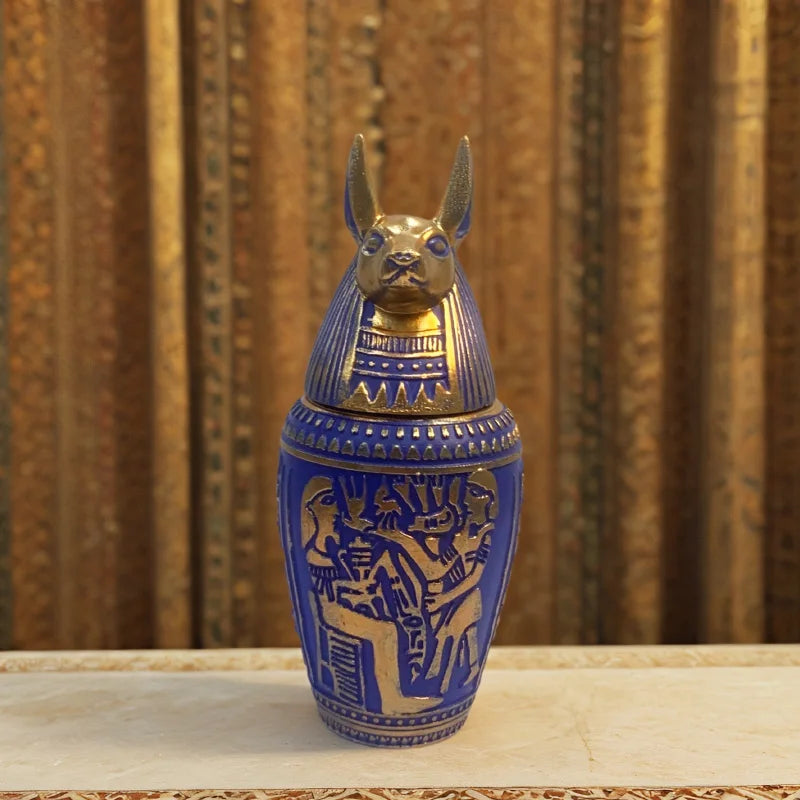 Egyptian Canopic Jars Set, Ancient Egypt God Figurines Statues, Blue & Gold Resin Decor for Home Office Bookshelf Halloween Part