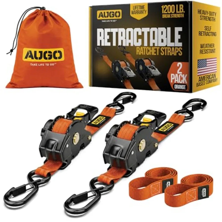 Retractable Ratchet Straps 2 Heavy Duty Ratchet Straps Self Retractable Tie Downs with Soft Loops and Storage Bag for Motorcycl