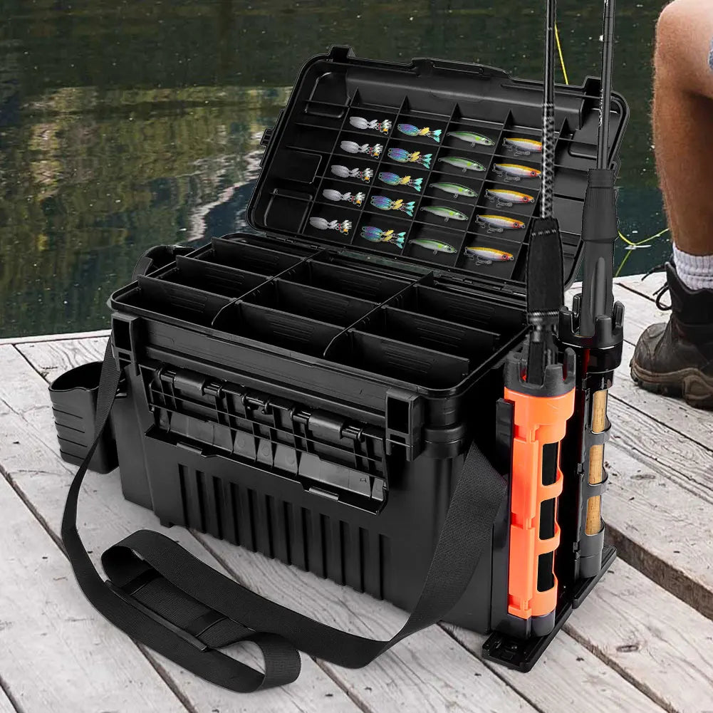 2 Tier Fishing Tackle Box Fishing Gear Box with Cup & Rod Holder Fishing Tackle Storage Box Fishing Tool Box Fishing Accessories