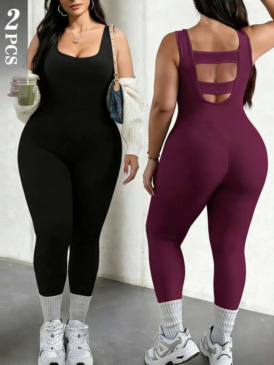Rhythm Era 1pc Plus Size Black Backless Jumpsuit, Comfortable Stretchy Seamless Knit Yoga & Fitness Activewear